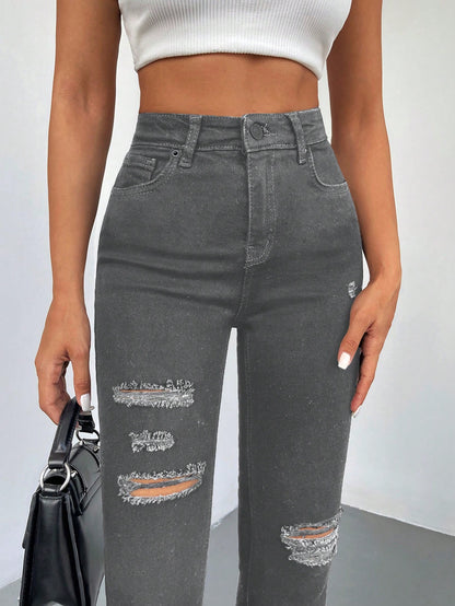 Blugi Dama, Croiala Inalta, Slim-Fit, Cu Rupturi