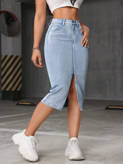 Fusta Dama, Talie Inalta, Denim, Tiv Despicat