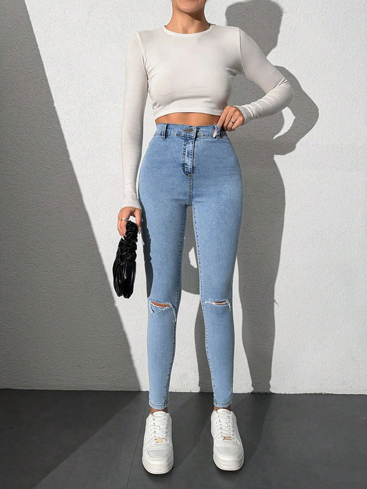 Blugi Dama, Croiala Inalta, Slim-Fit, Cu Rupturi