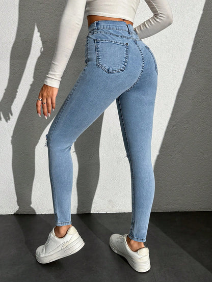 Blugi Dama, Croiala Inalta, Slim-Fit, Cu Rupturi