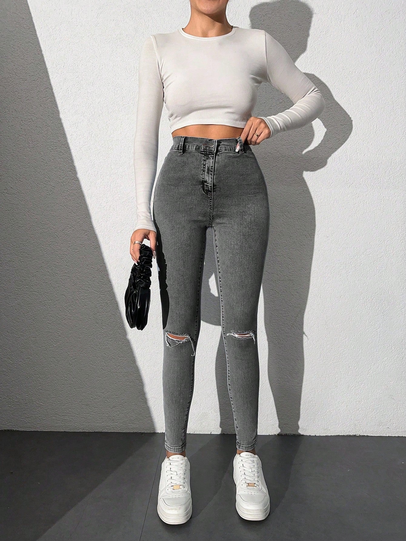 Blugi Dama, Croiala Inalta, Slim-Fit, Cu Rupturi