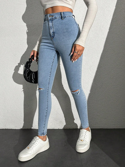 Blugi Dama, Croiala Inalta, Slim-Fit, Cu Rupturi