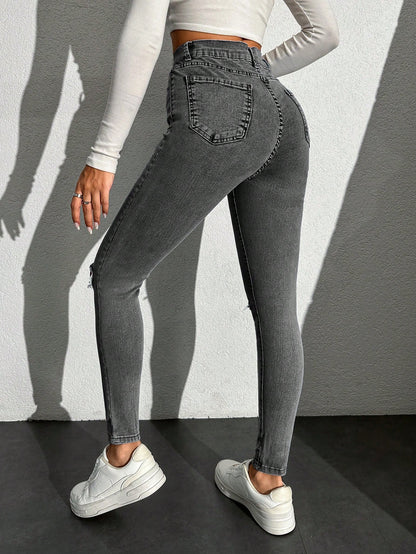 Blugi Dama, Croiala Inalta, Slim-Fit, Cu Rupturi