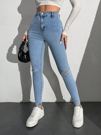 Blugi Dama, Croiala Inalta, Slim-Fit, Cu Rupturi