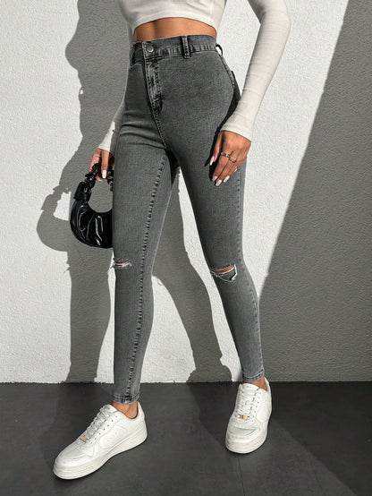 Blugi Dama, Croiala Inalta, Slim-Fit, Cu Rupturi