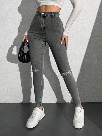 Blugi Dama, Croiala Inalta, Slim-Fit, Cu Rupturi