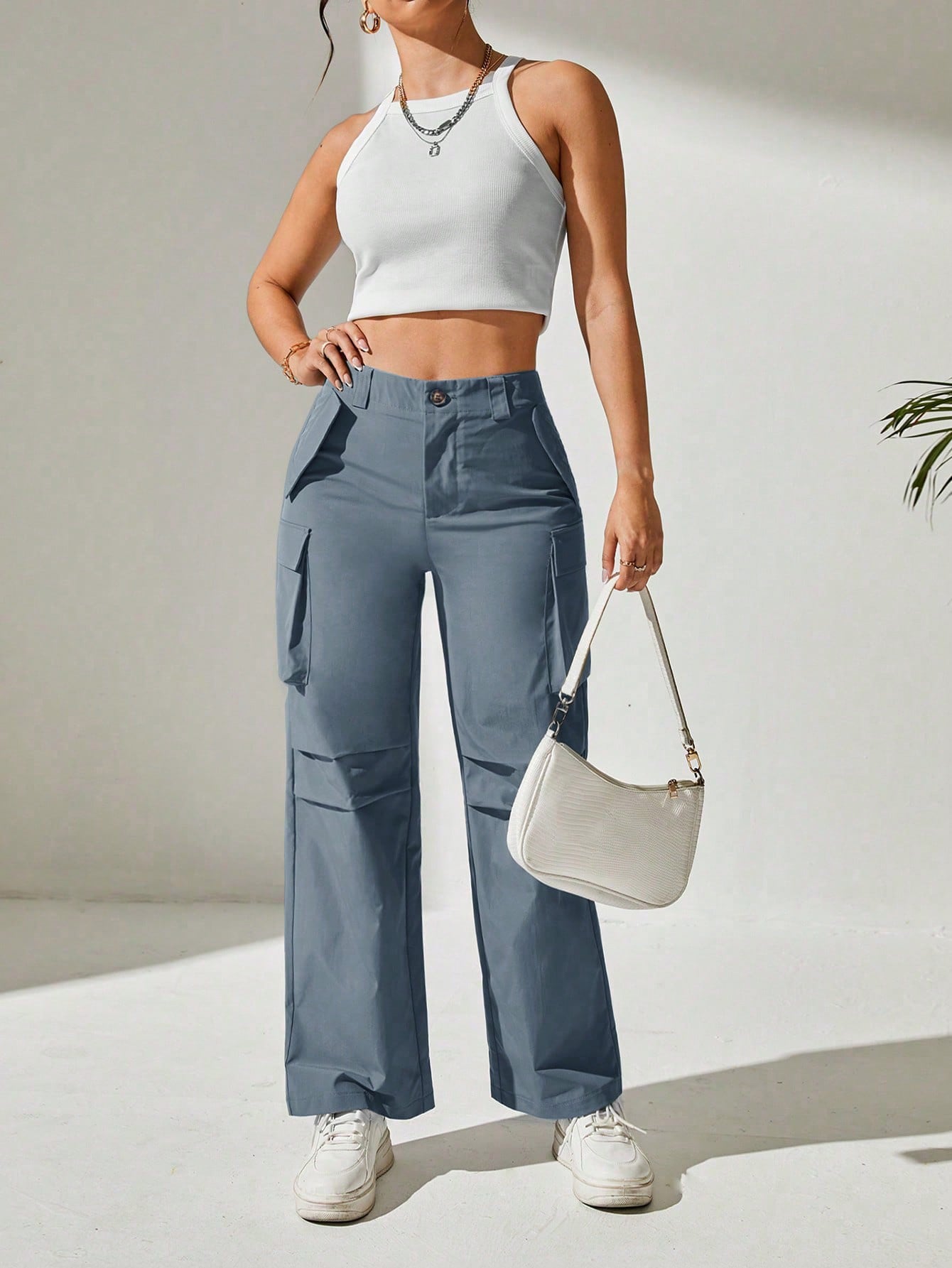 Pantaloni Cargo, Cu talie Inalta & Snur In Talie