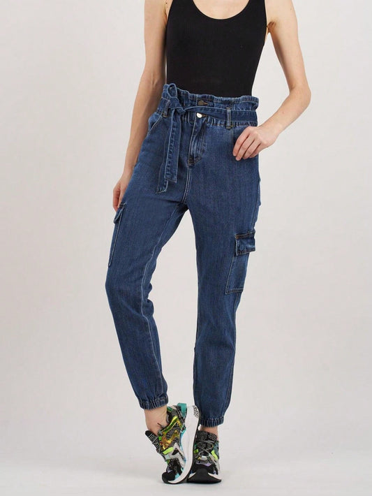 Blugi Cargo Dama, Talie Inalta Cu Cordon, Croiala Slim Fit