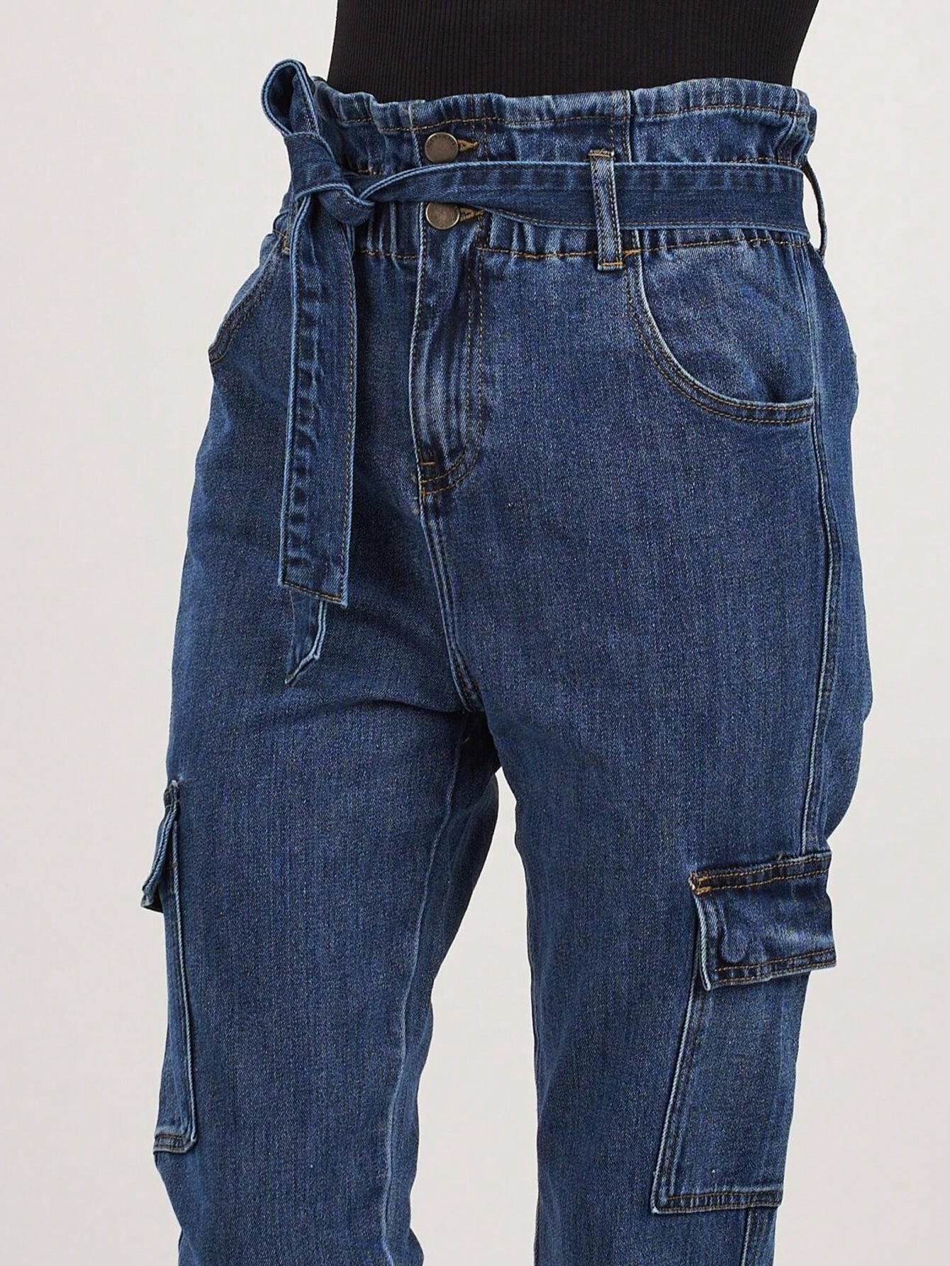 Blugi Cargo Dama, Talie Inalta Cu Cordon, Croiala Slim Fit