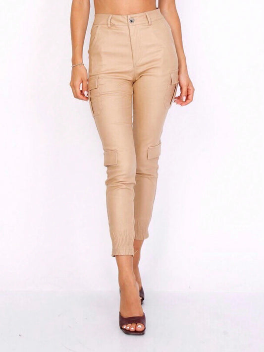 Pantaloni Cargo Dama, Piele Ecologica, Talie Inalta