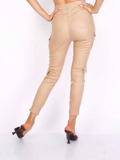 Pantaloni Cargo Dama, Piele Ecologica, Talie Inalta