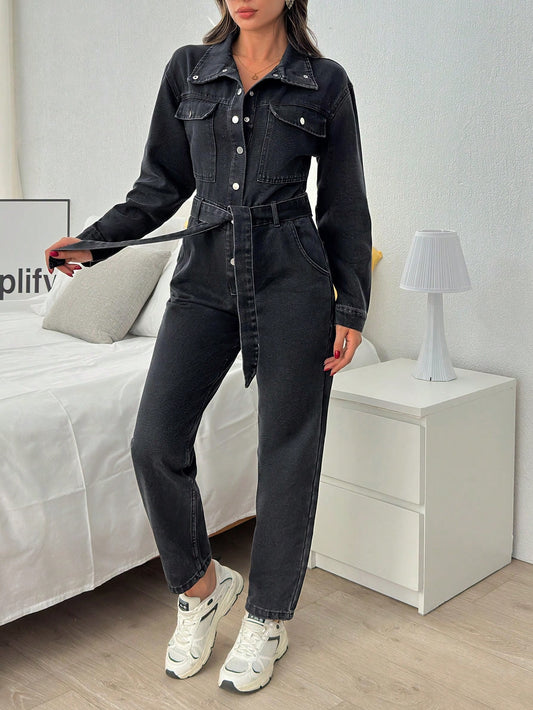 Salopeta Dama, Croiala Slim Fit, Cu Maneca Lunga Si Nasturi