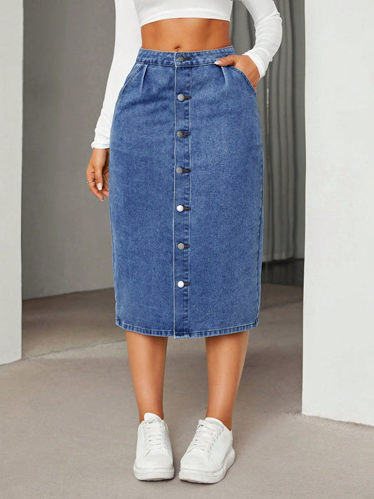 Fusta Dama, Denim, Talie Inalta Cu Nasturi