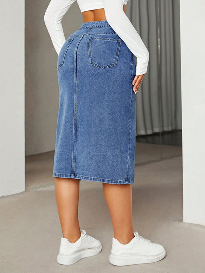 Fusta Dama, Denim, Talie Inalta Cu Nasturi