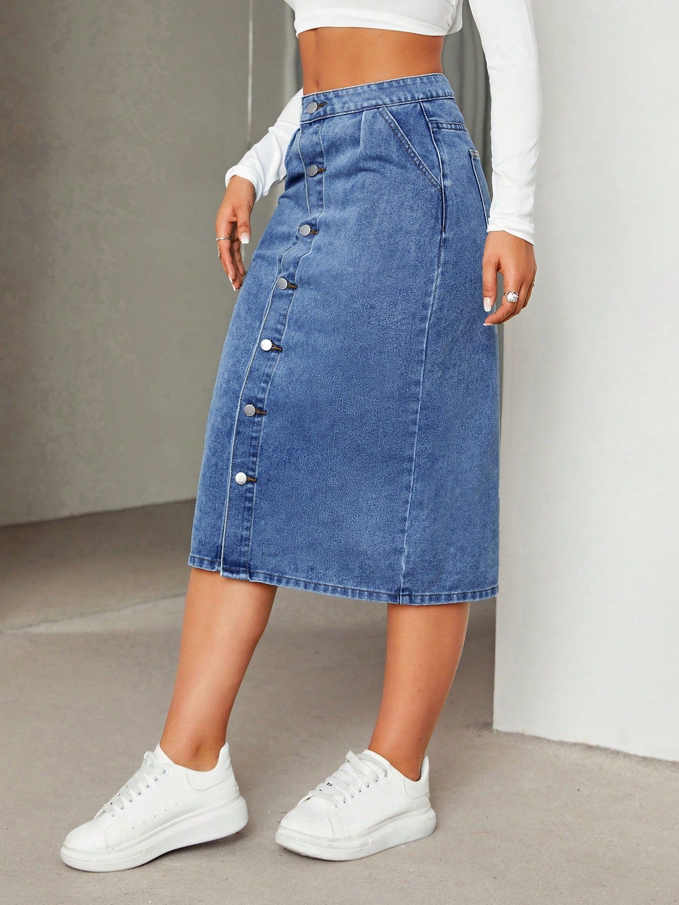 Fusta Dama, Denim, Talie Inalta Cu Nasturi