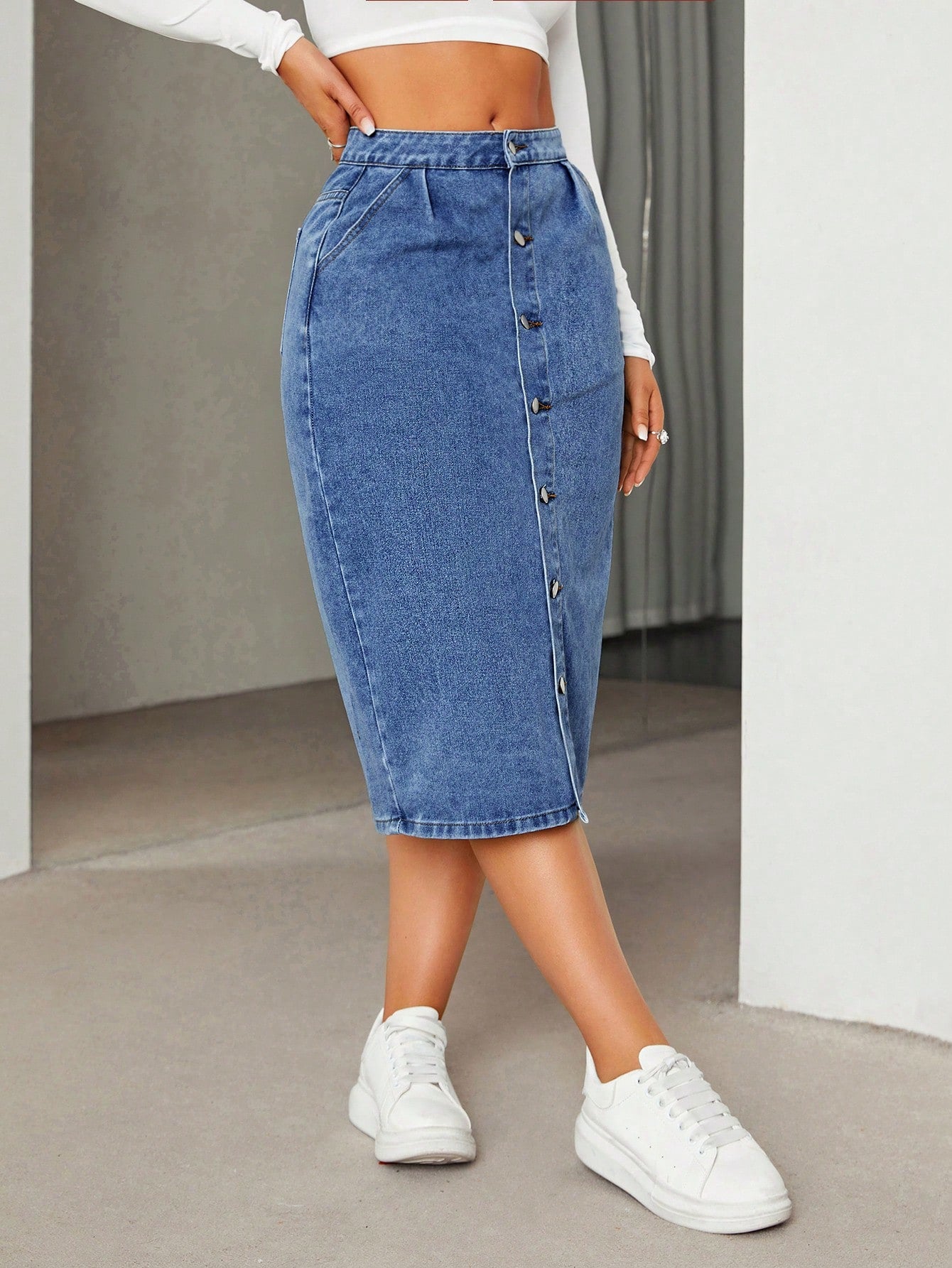 Fusta Dama, Denim, Talie Inalta Cu Nasturi