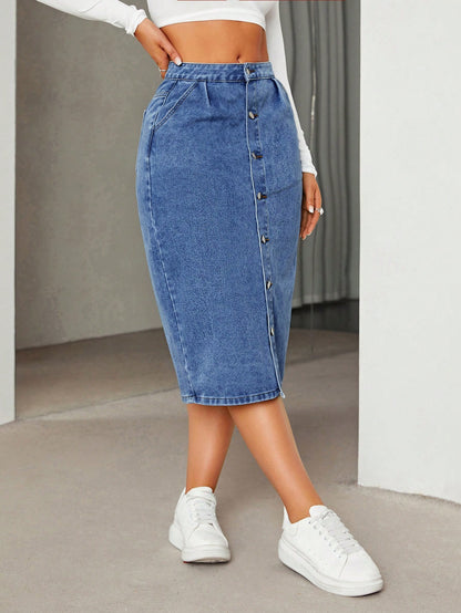 Fusta Dama, Denim, Talie Inalta Cu Nasturi