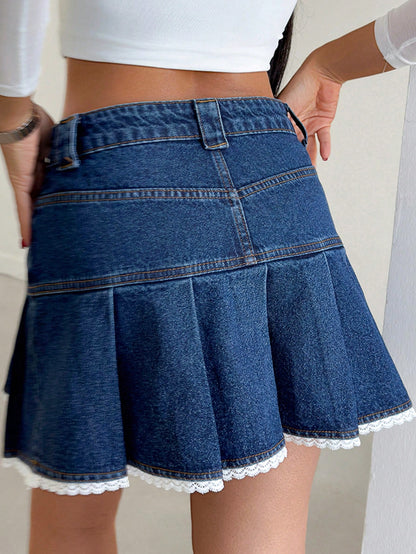Fusta Dama, Scurta Din Denim, Cu Terminatie Dantelata