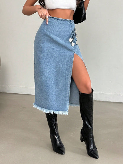 Fusta Dama,, Medie, Denim, Cu Tiv Nefinisat