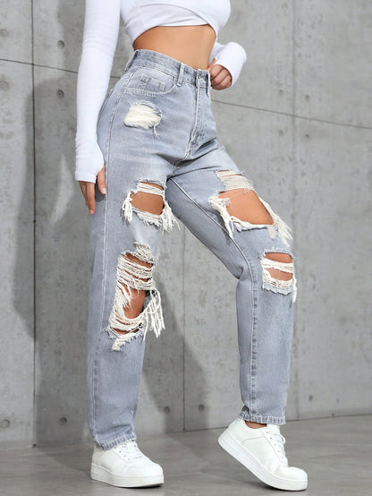 Blugi Dama, Croiala Mom Fit, Ripped & Distressed