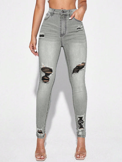 Blugi Dama, Croiala Slim Fit, Ripped & Distressed