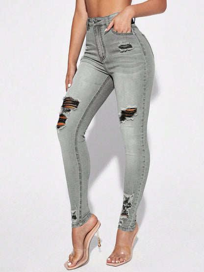 Blugi Dama, Croiala Slim Fit, Ripped & Distressed