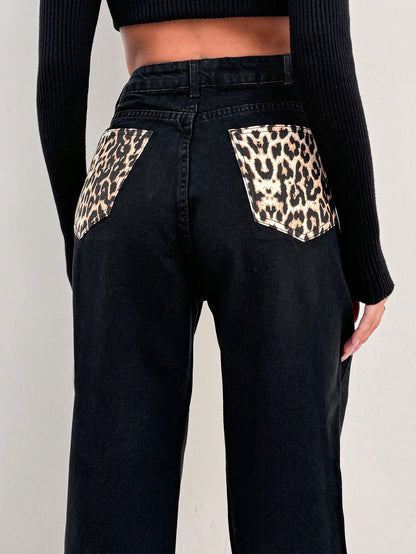 Blugi Dama, Croiala Mom Fit, Buzunare Contrastante Animal Print