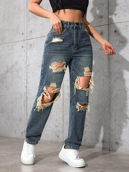 Blugi Dama, Croiala Mom Fit, Ripped & Distressed