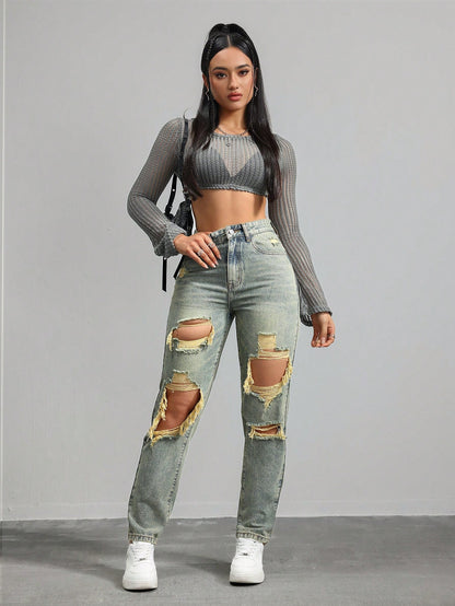 Blugi Dama, Croiala Mom Fit, Ripped & Distressed