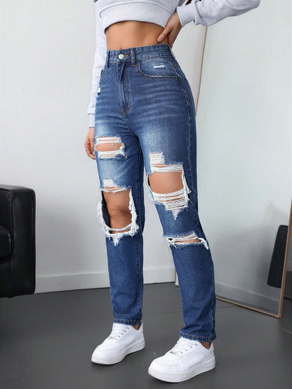 Blugi Dama, Croiala Mom Fit, Ripped & Distressed