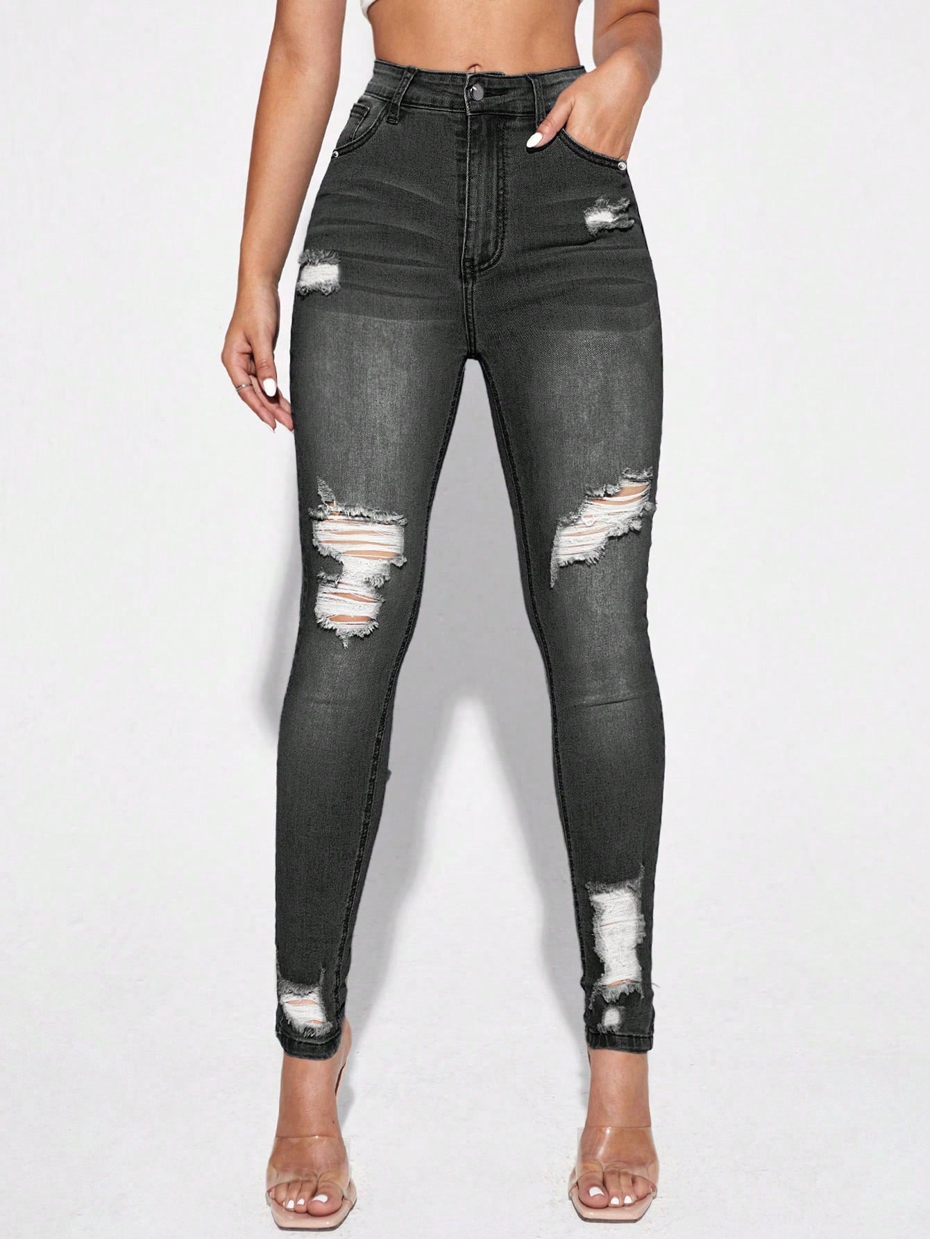 Blugi Dama, Croiala Slim Fit, Ripped & Distressed