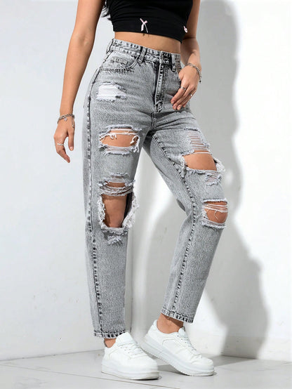 Blugi Dama, Croiala Mom Fit, Ripped & Distressed