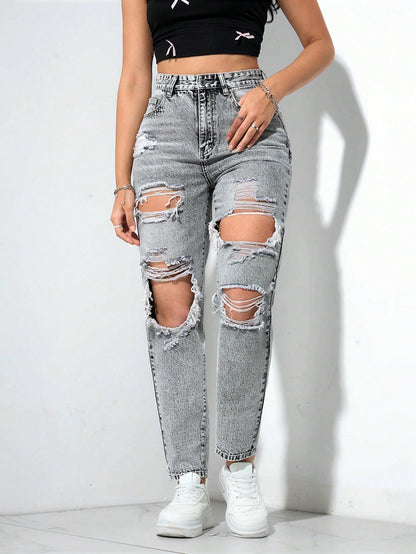 Blugi Dama, Croiala Mom Fit, Ripped & Distressed