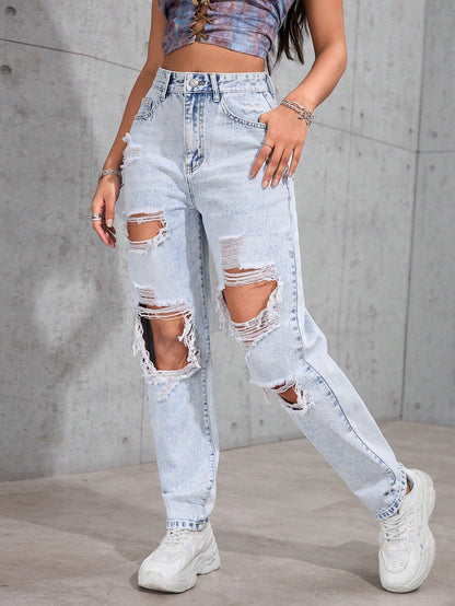 Blugi Dama, Croiala Mom Fit, Ripped & Distressed