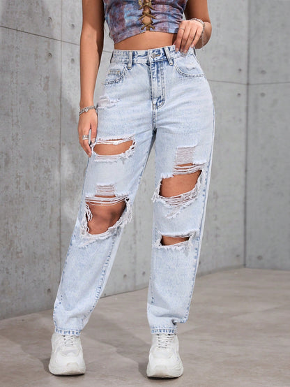 Blugi Dama, Croiala Mom Fit, Ripped & Distressed